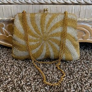 Vintage Beaded Evening Bag Gold Silver Clutch‎ Purse Chain Strap Party Wedding